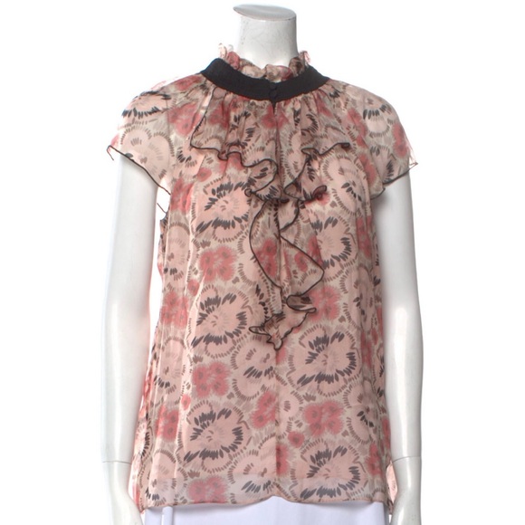 MILLY Floral Blush Silk Ruffle Printed Blouse, Size 6 - Picture 1 of 11